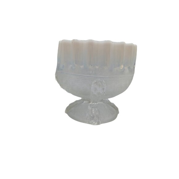 Antique Northwood Glass Opalescent Crimped Top Compote Spool Threaded Pattern - Picture 13 of 14